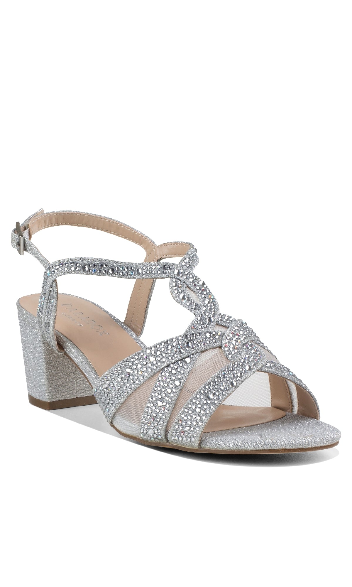Nadia Silver Prom Shoes by Paradox London (P2208) feature an open toe, low block heel, ankle strap, and sparkling rhinestone accents on the straps and heel.